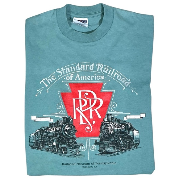 Jerzees Tops - Standard Railroad of America Train Museum Graphic Short Sleeve Tee Shirt Teal S